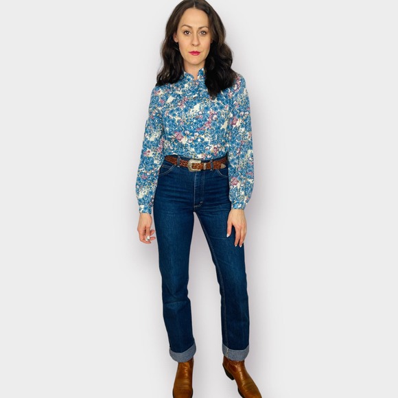 70s Pykettes Blue and Purple Floral Blouse - Picture 3 of 8